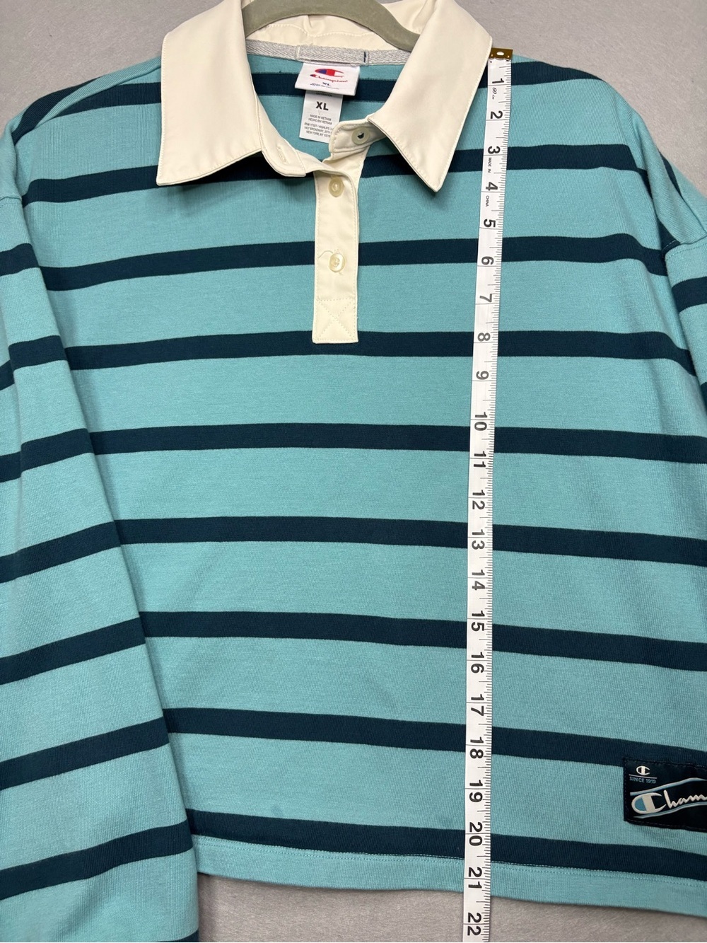Champion Cropped Striped Rugby Top in Teal & Navy 100% cotton sz XL - Picture 7 of 9
